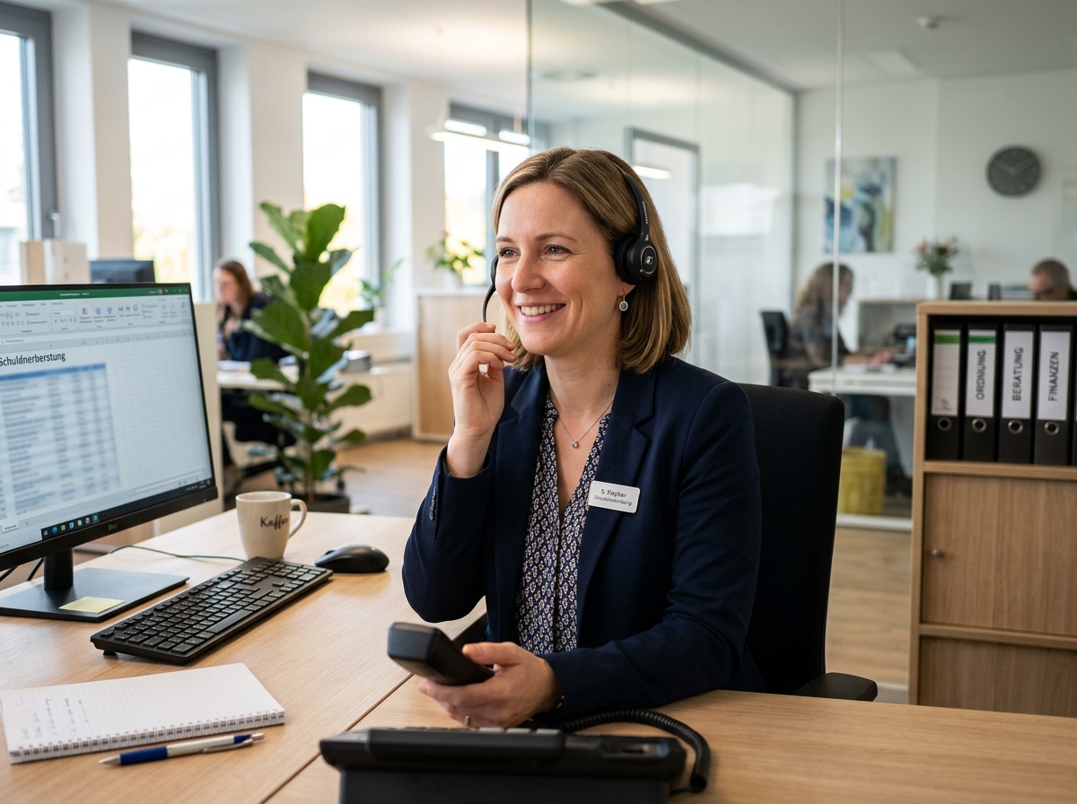 Schuldnerberaterin am Telefon im Büro